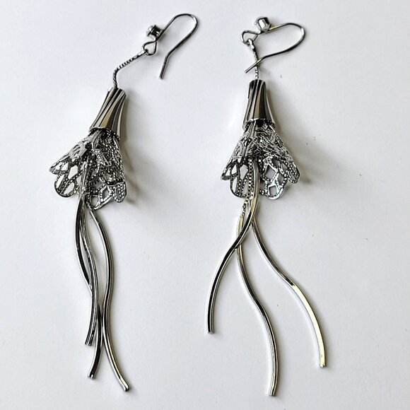 Silver Filigree Dangle Drop Earrings with Long Tassels - Picture 1 of 9